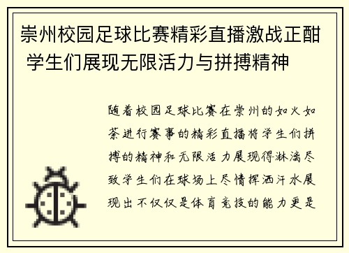 崇州校园足球比赛精彩直播激战正酣 学生们展现无限活力与拼搏精神